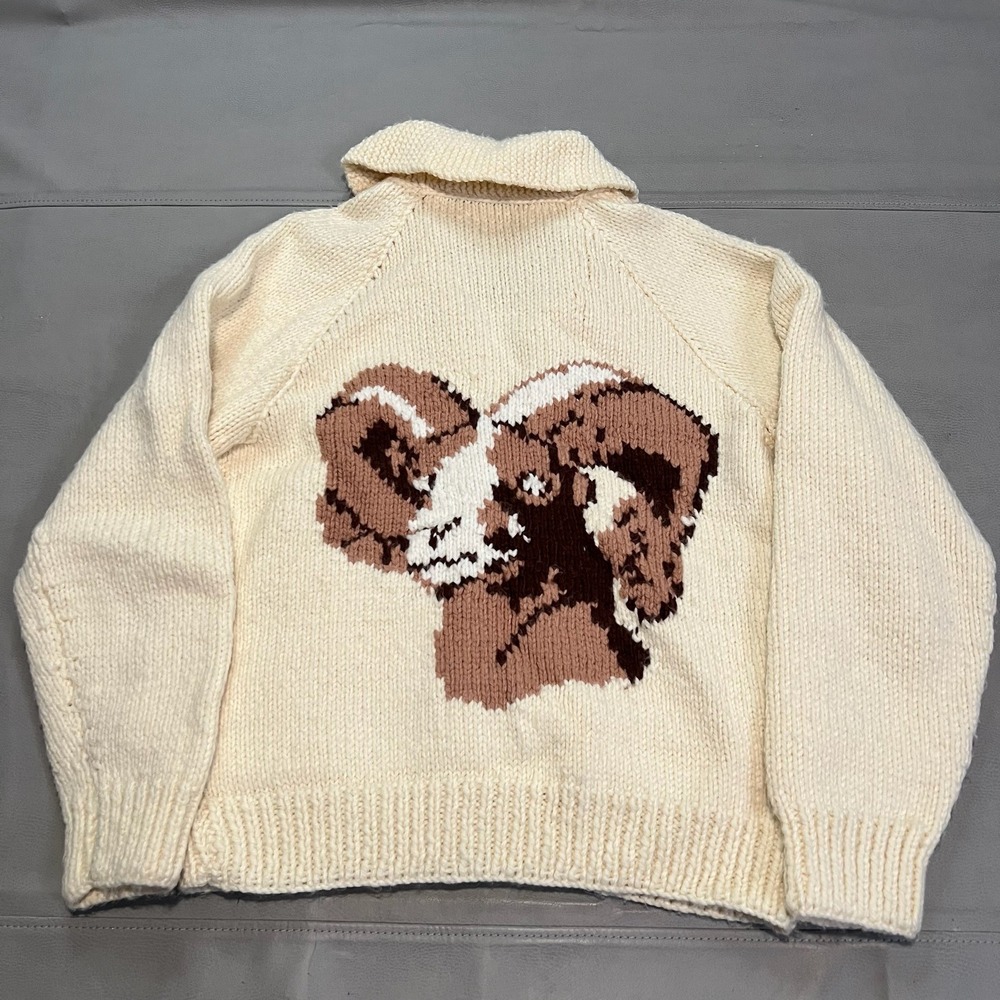 True VTG 60/70s Hand Knit Shawl Collar Cardigan Sweater Men Cream‎ Farm-SM-XXXX